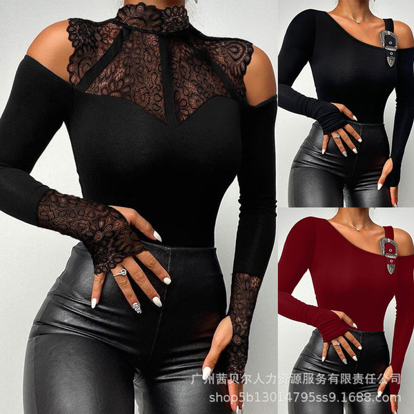 (LZS4142W series) temperament women's clothing European and American women's clothing lace splicing tights, tops