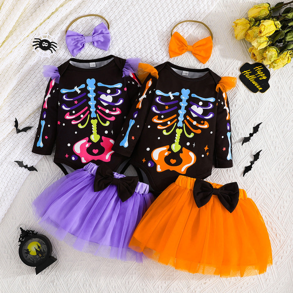halloween girls' skeleton romper & skirt set - girls' long-sleeve mesh party outfit