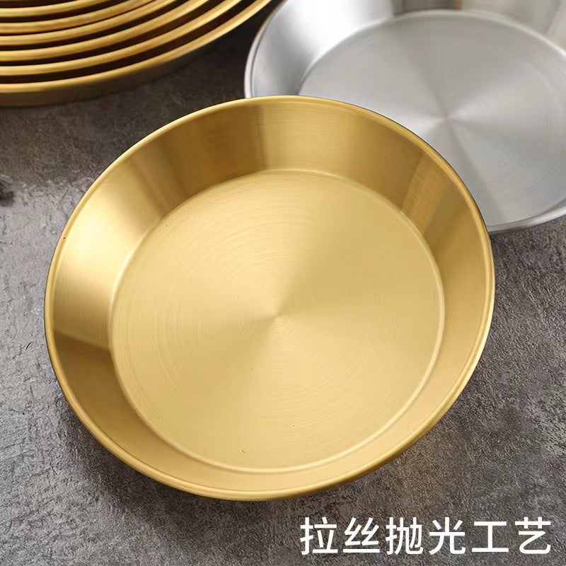 Korean style stainless steel pizza pan, western food round plate, gold flat bottom tray, bbq plate, fruit plate, steak plate, cake plate