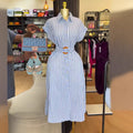 European and american cross-border women's clothing  summer new arrival: casual notch collar striped tie-waist short-sleeve shirt dress