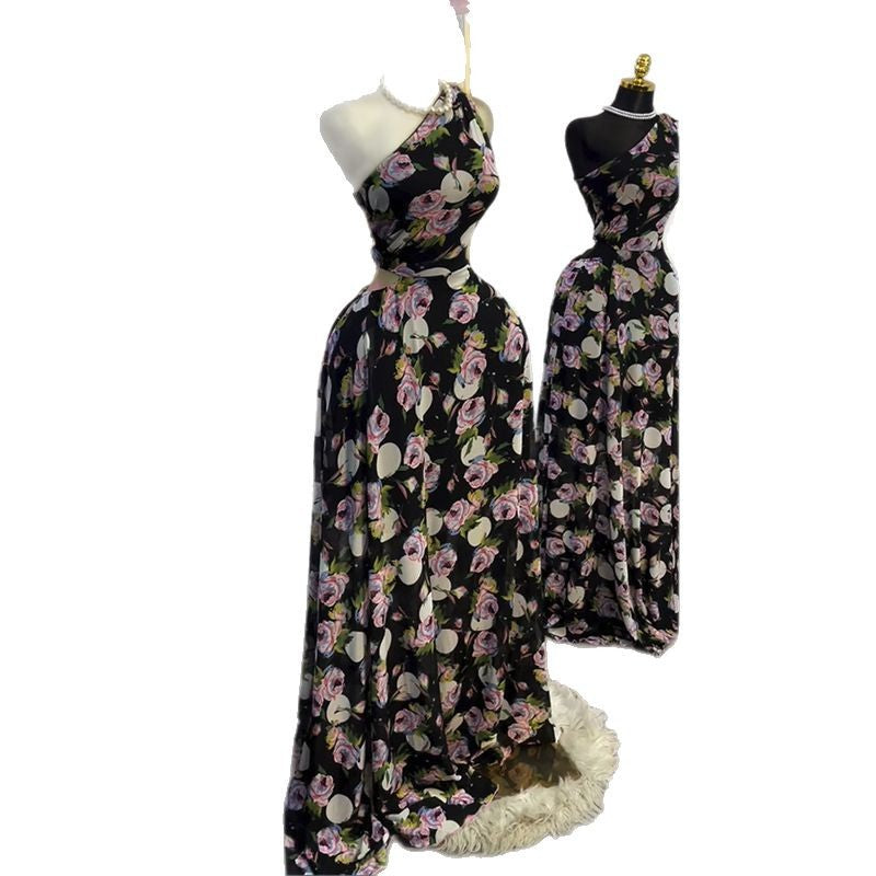European and american women's clothing  summer new sweet and fresh printed asymmetrical neck high waist slimming a-line maxi dress