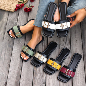 plus sizesummernew arrivalfashion square toe sandals flats fish mouth square buckle women's sandals and slippers in stock wholesale