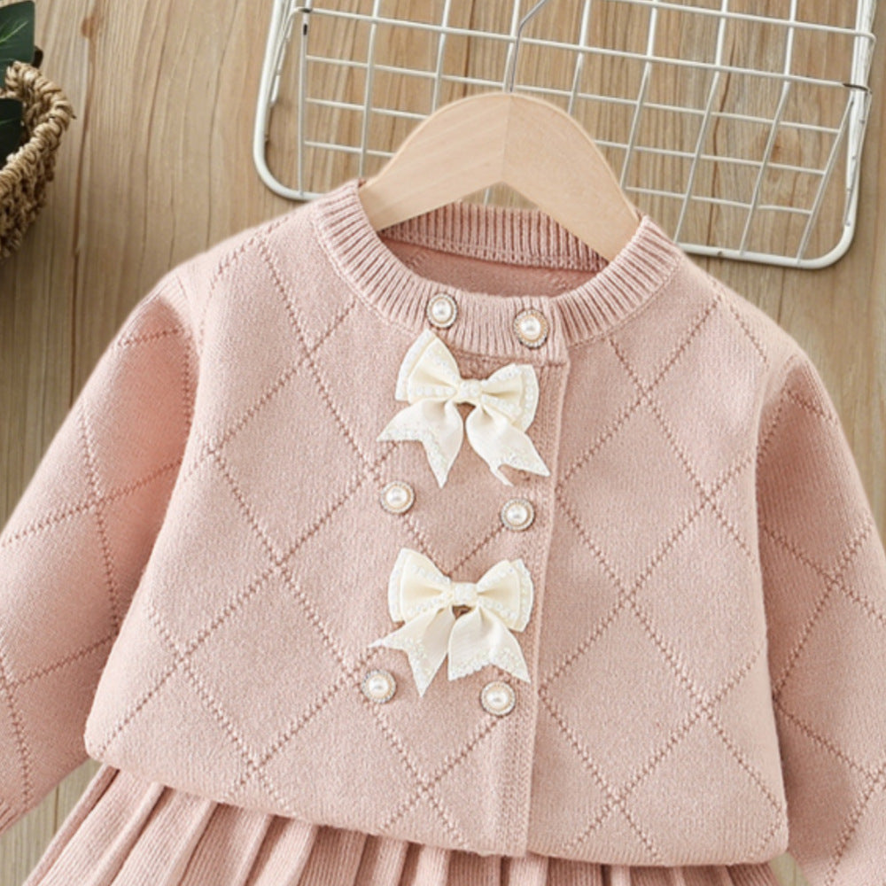 Girls' knit sweater set -  autumn/winter collection: chanel-inspired jacquard double-breasted cardigan & premium knit midi skirt two-piece set