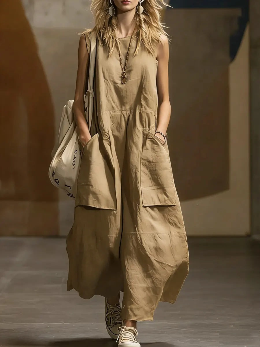 european and american cross-border  independent station spring and summer women's loose casual sleeveless pocket cotton and linen dress