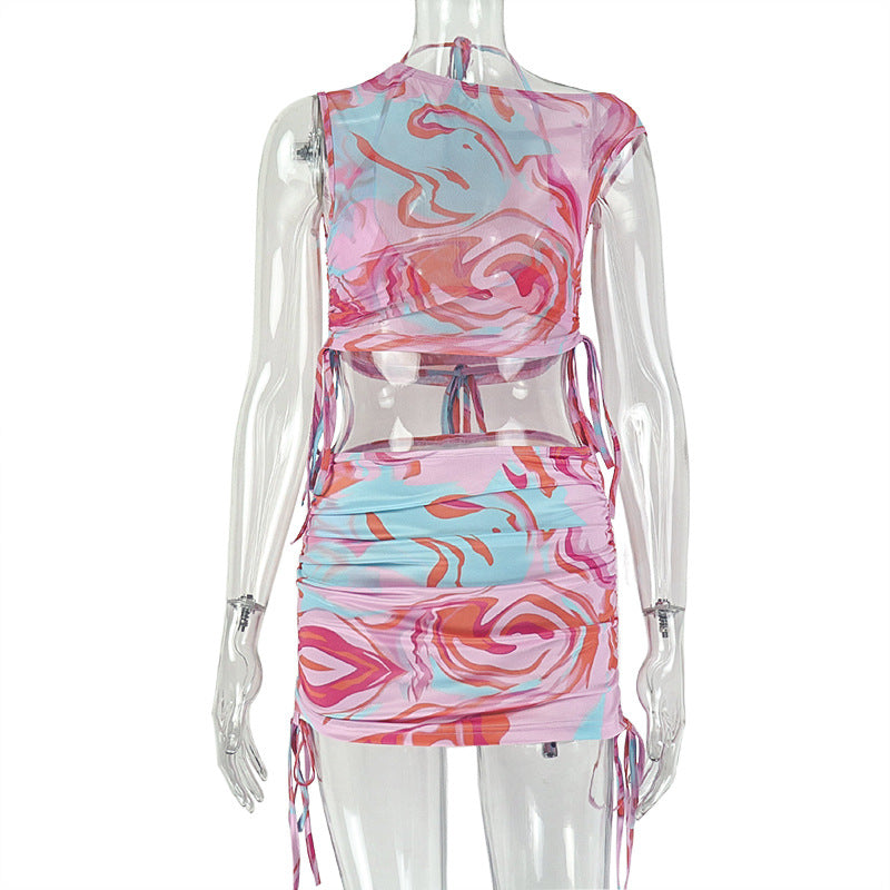 European and american style cross-border women's printed fashion vacation travel dress set, sweet slant neck top, short two-piece trendy outfit