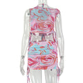 European and american style cross-border women's printed fashion vacation travel dress set, sweet slant neck top, short two-piece trendy outfit