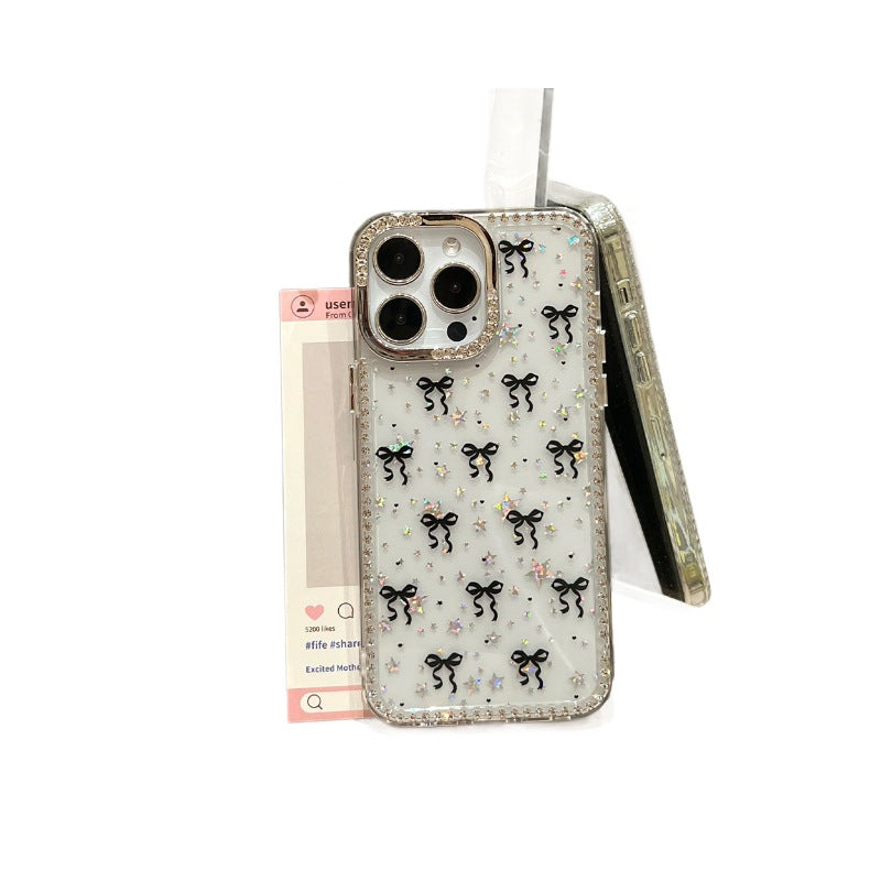 Suitable for iphone17air flash diamond mobile phone case black bow apple 16pro trendy diamond protective case 15