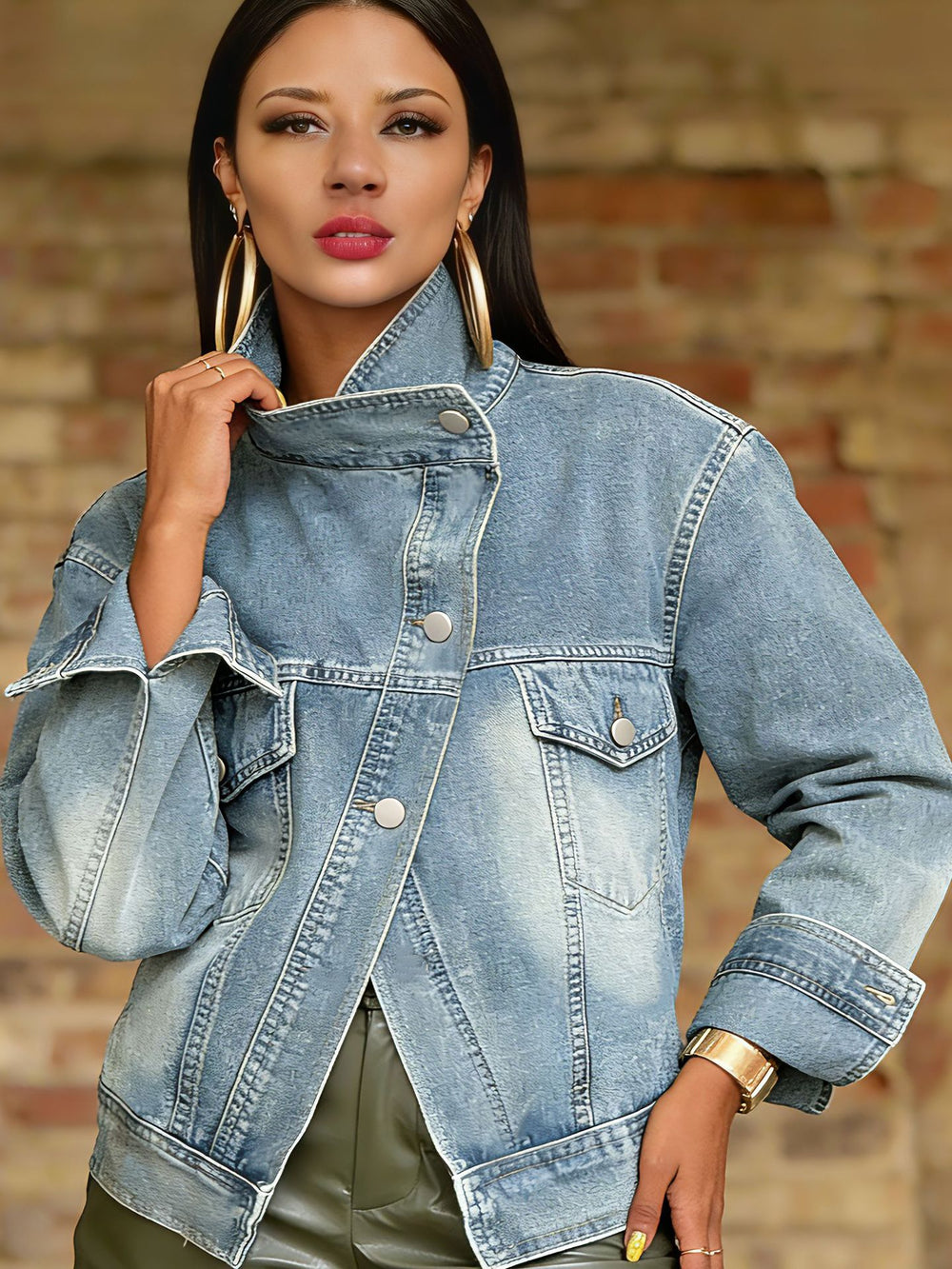 new european and american cross-border  direct sales streetwear motorcycle wind washed stand collar vintage denim jacket