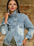new european and american cross-border  direct sales streetwear motorcycle wind washed stand collar vintage denim jacket