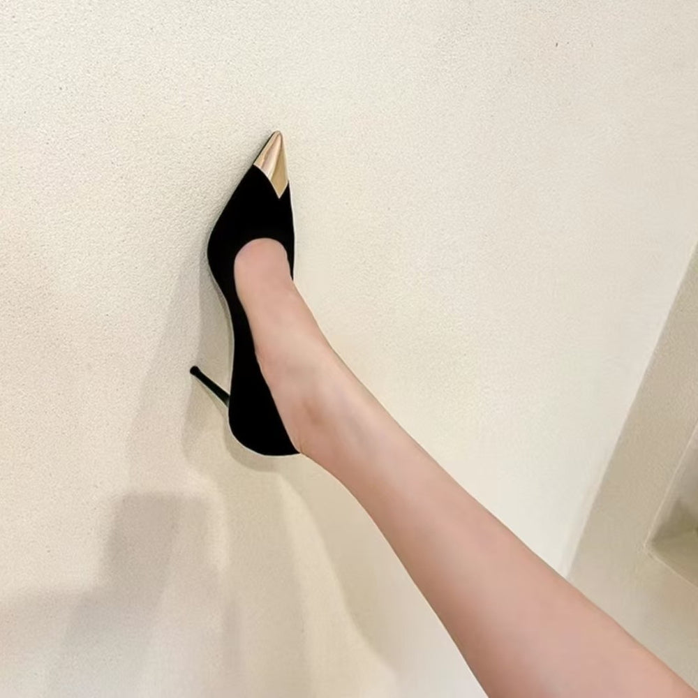 French plus size2025 black patent leather sexy spring new arrival pointed toe women's metal toe high heels elegant stiletto flats