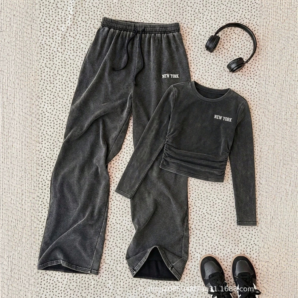 retro washed women's suit round neck pleated short long sleeves tops elastic waist distressed wide leg sweatpants