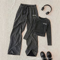 retro washed women's suit round neck pleated short long sleeves tops elastic waist distressed wide leg sweatpants