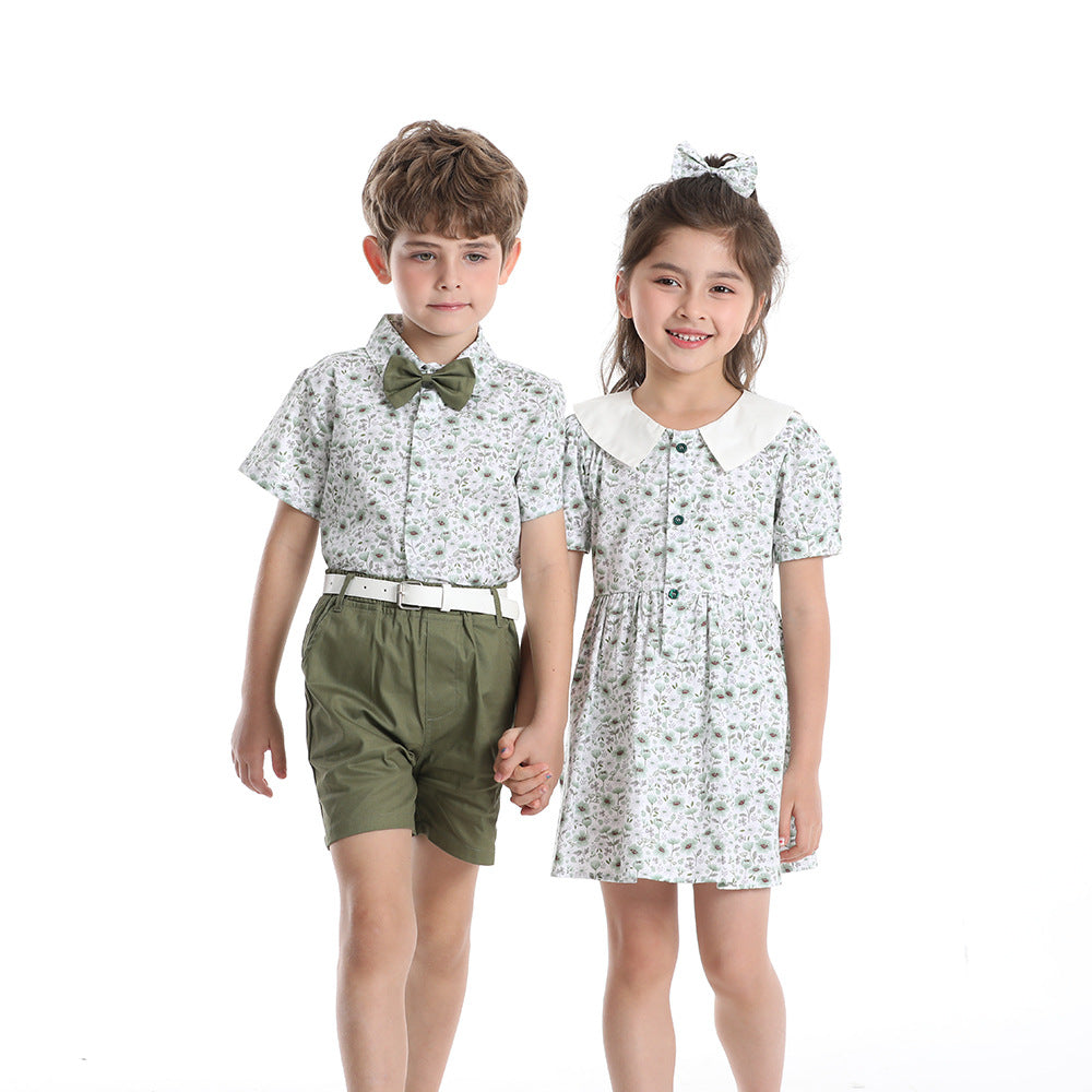 Sister and brother outfit, sister and brother outfit, family summer k-style male and female baby short-sleeved shirt, free belt, headband, shortssuit