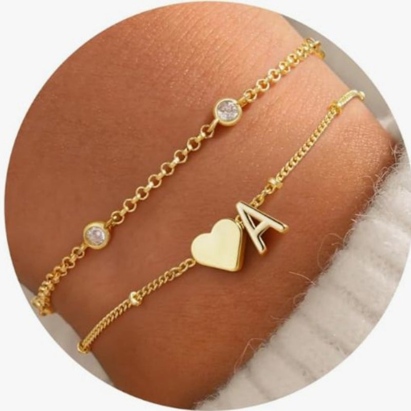 Amazon cross-border 26-letter heart layered bracelet 14k a-z initial jewelry minimalist personalized women's gift