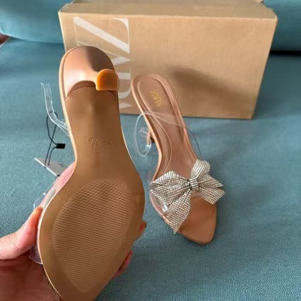 2024 new export square toe stiletto heel sandals with bow and rhinestone detail, plus size, open back, wholesale for women (wish)