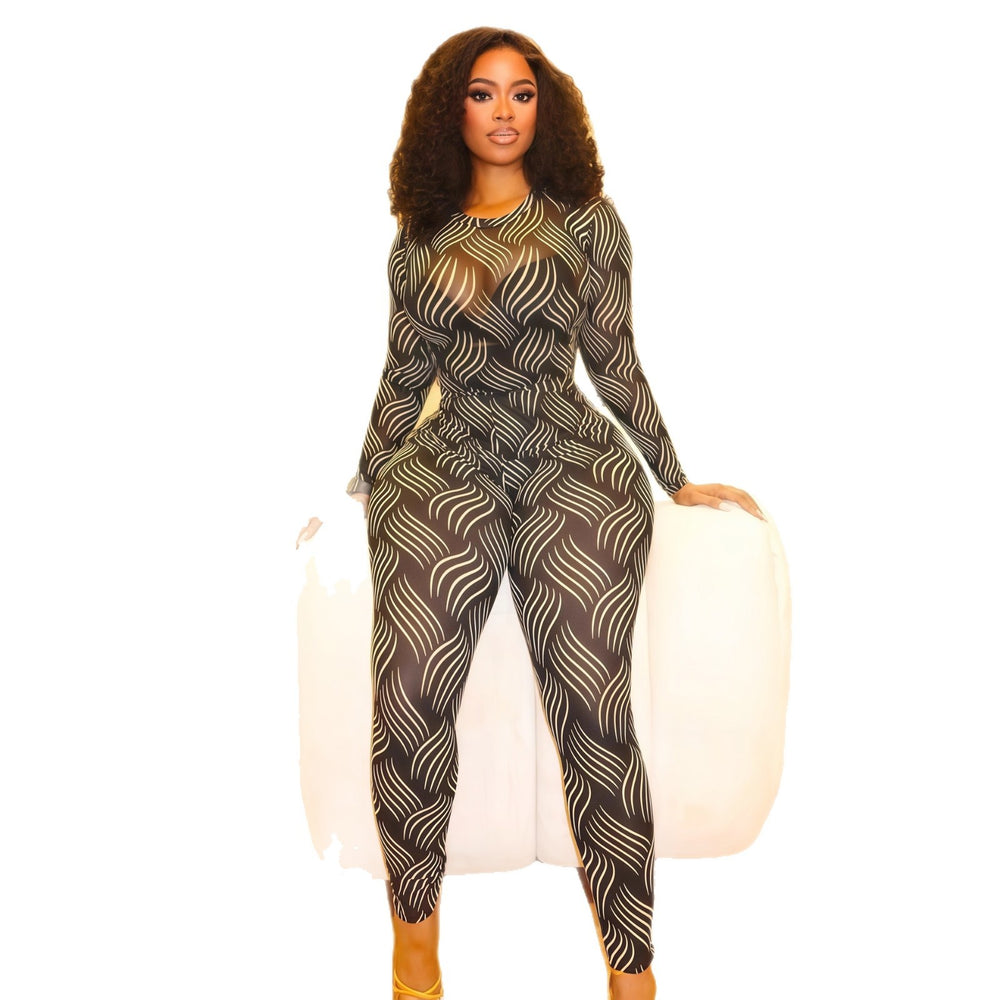 European and american cross-border women's fashion  autumn new collection: long sleeve crew neck printed maxi dress with sexy slim-fit leggings set