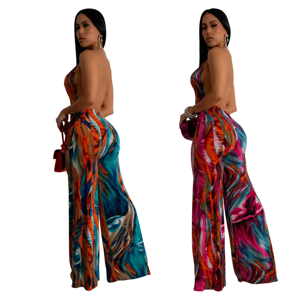 C6930 cross-border   fashion women's printed sleeveless deep v color block backless long jumpsuit