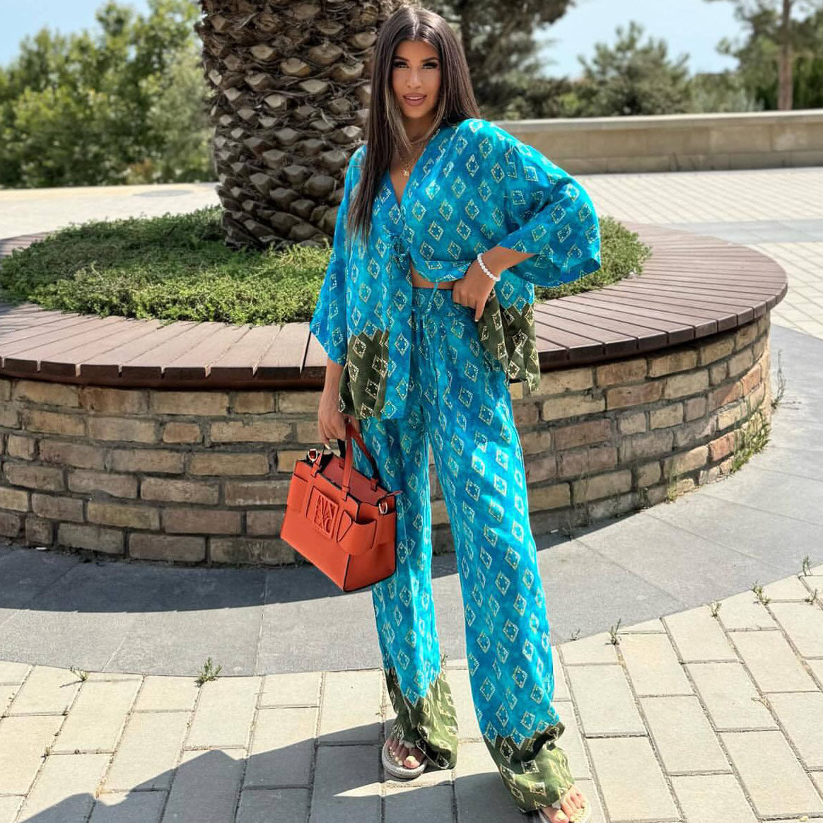 Cross-border European and American large-size fashion V-neck cardigan printed shirt  new casual wide-leg trousers two-piece set women