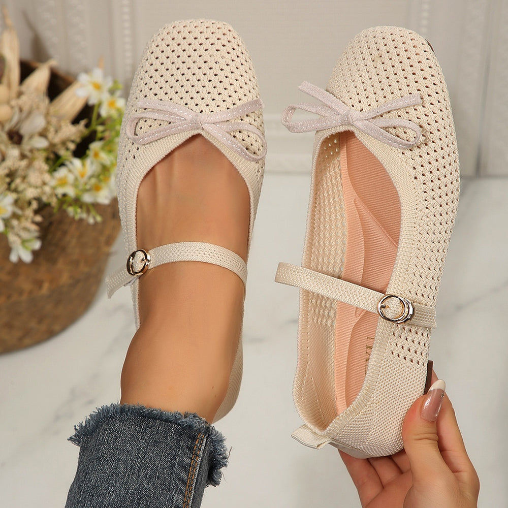 Wholesale women's spring  new mesh mary janes: flat, single-strap, buckle-back shoes with bow detail