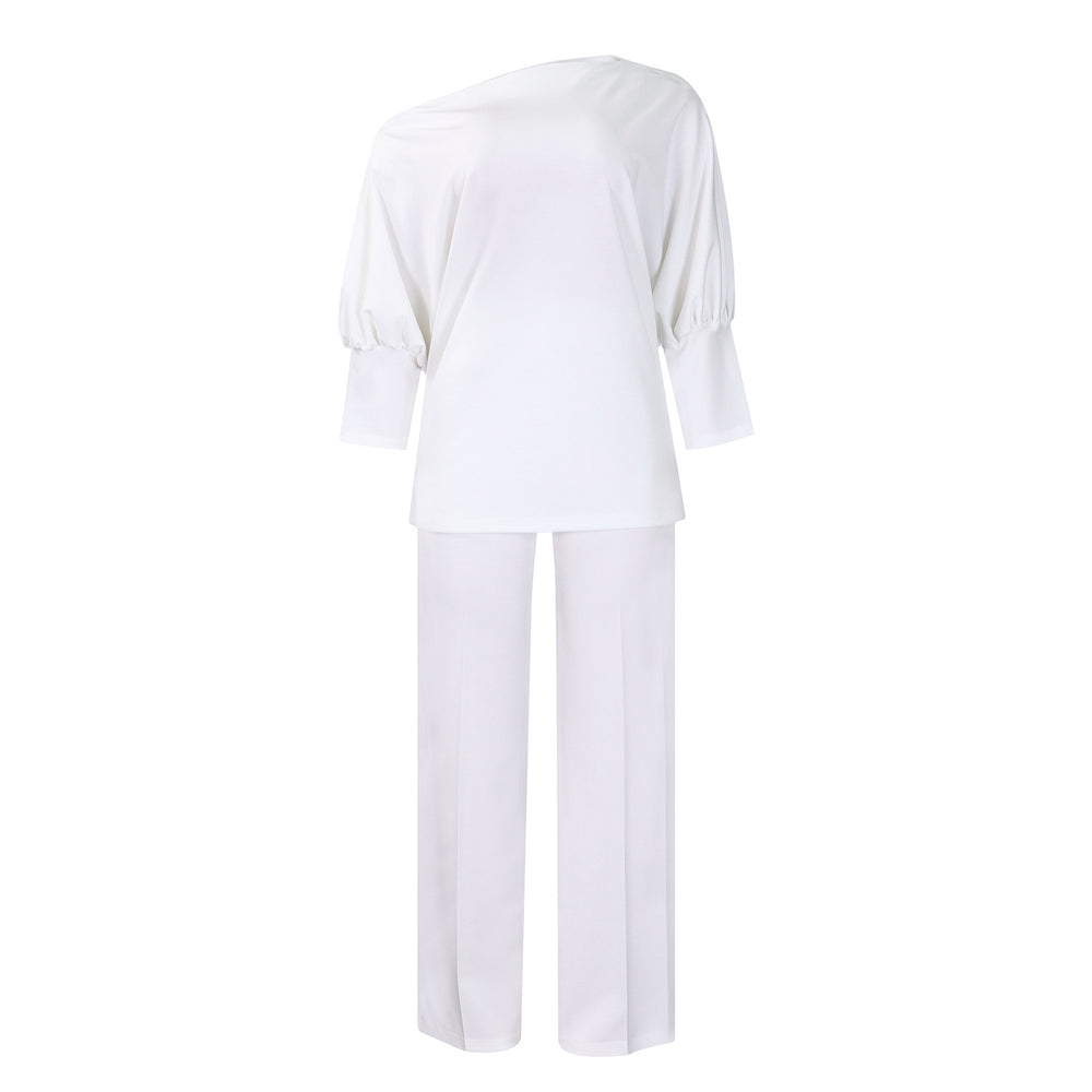 D3298 women's foreign trade  autumn fashion solid color asymmetrical neck top wide leg pants african cross-border set