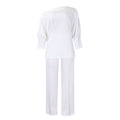 D3298 women's foreign trade  autumn fashion solid color asymmetrical neck top wide leg pants african cross-border set