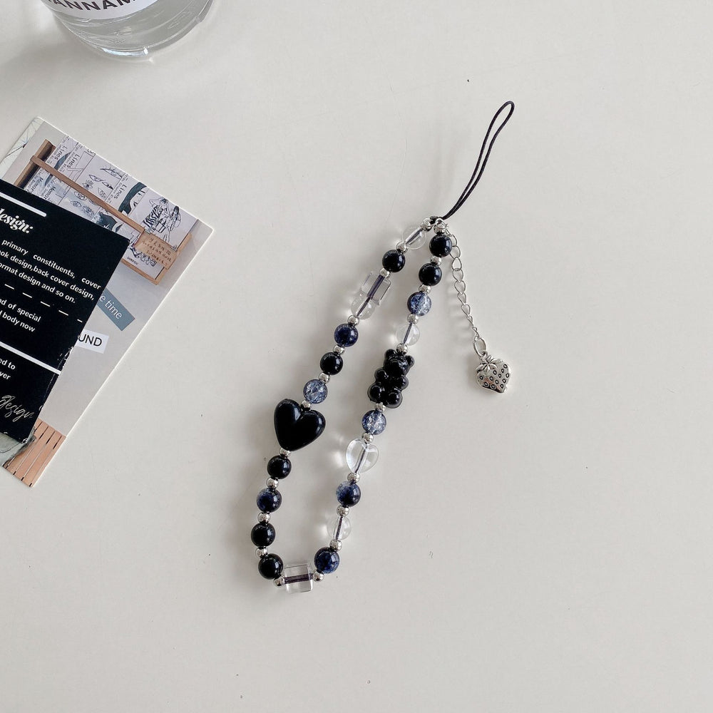 Minimalist crystal square electroplated heart bracelet with transparent star and bear charms, black and white bead phone case charm accessories