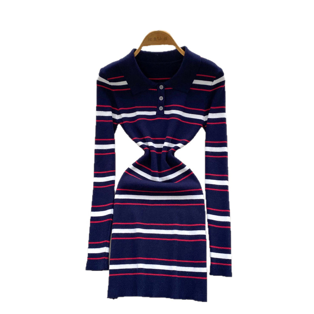 Autumn french retrofashionablecontrast colorstripesdress women's waist slimmingelegant lapel long sleevessweater skirt