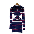 Autumn french retrofashionablecontrast colorstripesdress women's waist slimmingelegant lapel long sleevessweater skirt