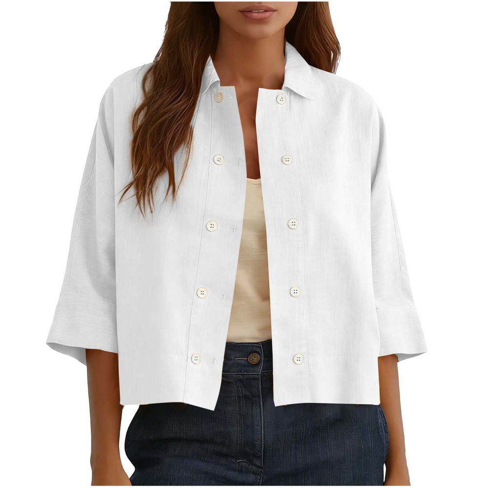 cross-border  solid color cotton linen double-breasted cropped short-sleeve cardigan shirt women's top blouse