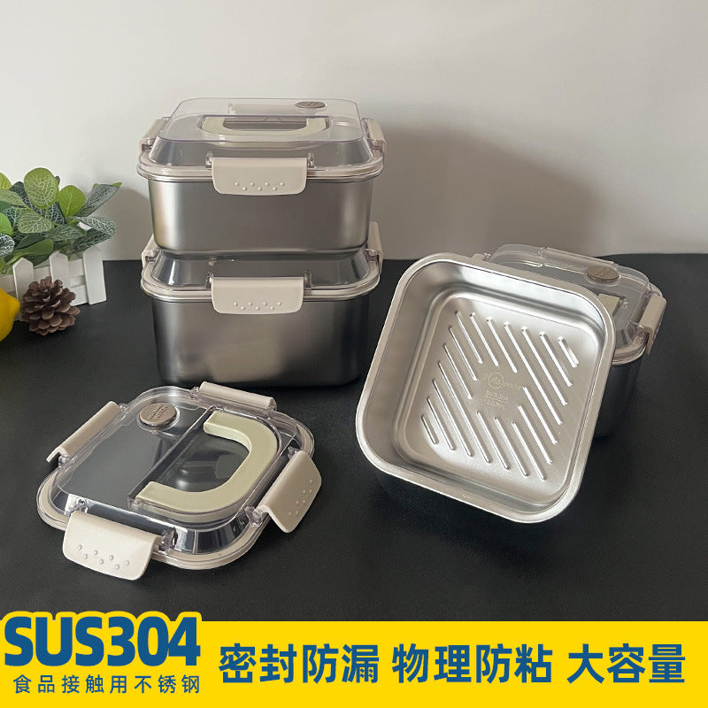 Portable 304 stainless steel square food container - airtight, leak-proof lunch box for refrigerator storage and on-the-go meals