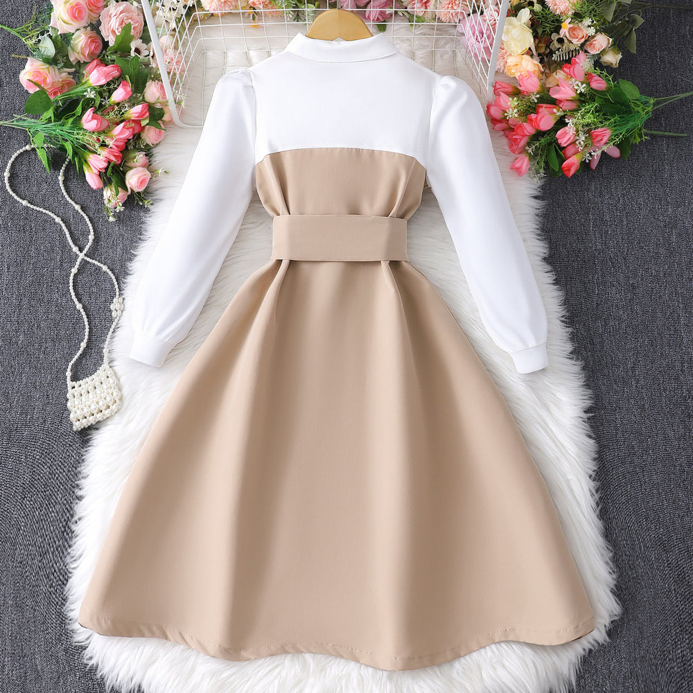 Children's long-sleeve collared button-up color block dress