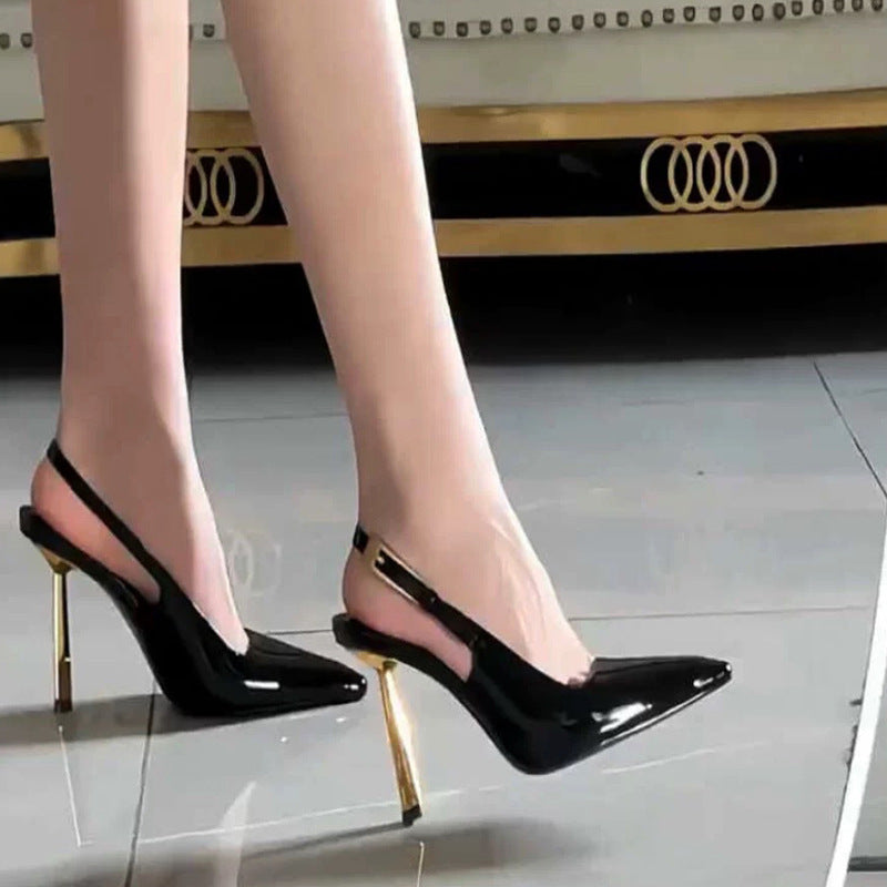 Black pointed-toe stiletto heels, 2025 new style, inspired by nazha's look, elegant patent leather sexy metal toe-cap sandals for women