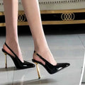 Black pointed-toe stiletto heels, 2025 new style, inspired by nazha's look, elegant patent leather sexy metal toe-cap sandals for women