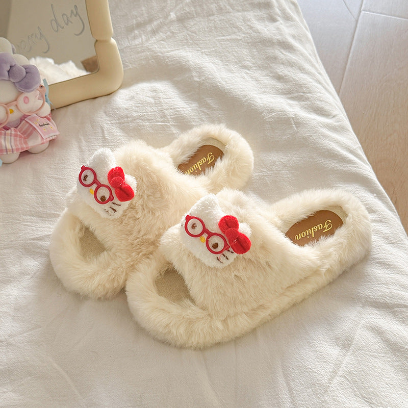 Women's fuzzy slippers - new autumn/winter collection: thick-soled, cute cartoon eyeglass kt cotton slippers, women's flip-flops