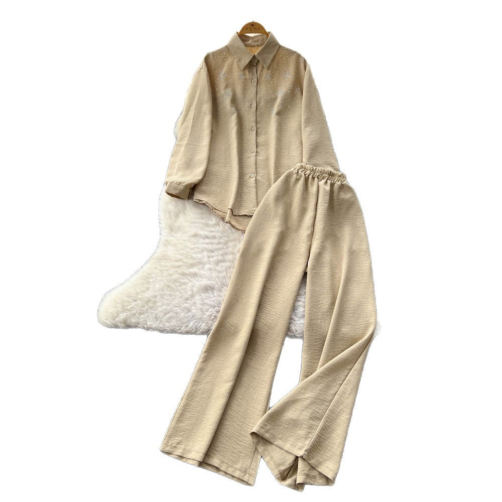 Light mature style two-piece set women's  autumn wear elegantcasuallooseasymmetricallong sleevesshirthigh waistloose pants