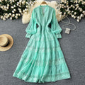 Frenchretrov necklacepatchwork waist long sleeves large swing dress women slimming lookclassyelegancelong skirt