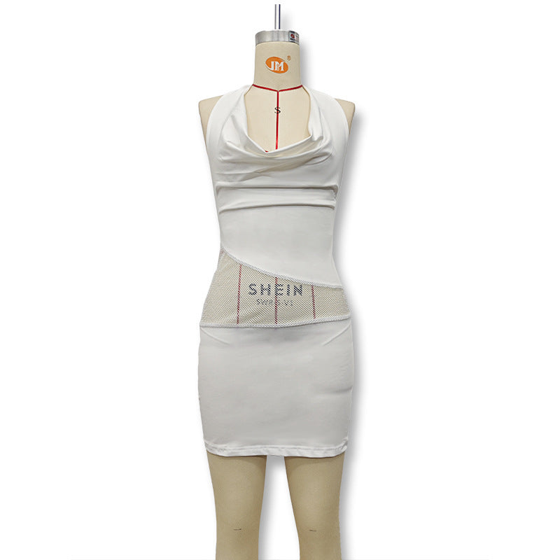 spring new arrivals: cross-border european & american style hot girl sexy backless strappy mesh patchwork halter dress