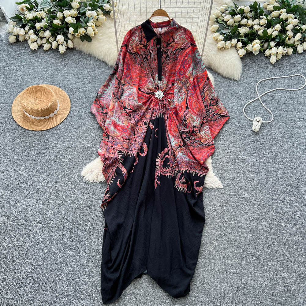 Vacation style printingpatchworkclassy new arrivaldress women's waist slimming look large swing long skirt work clothingelegant skirt