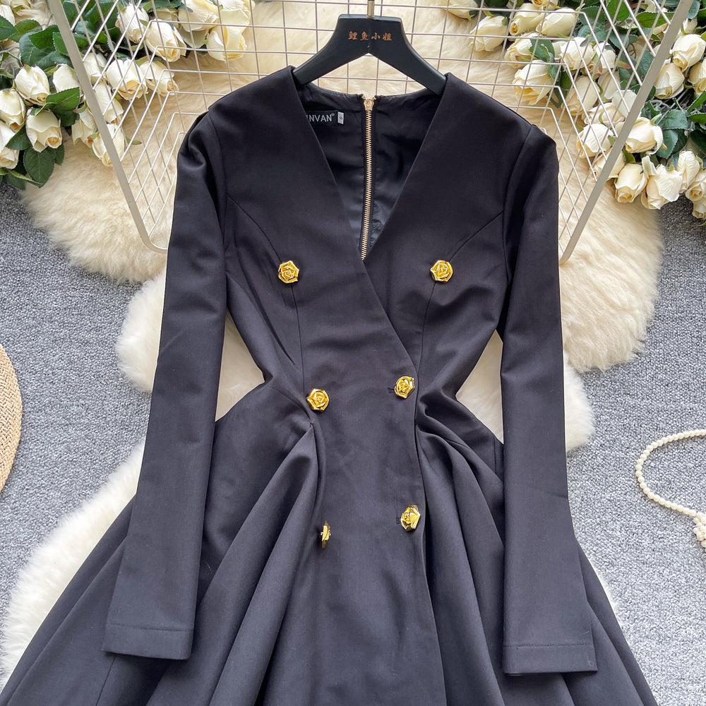 French retro chic high-end v-neck metallic buckle long sleeve cinched waist flared dress - women's autumn formal dress