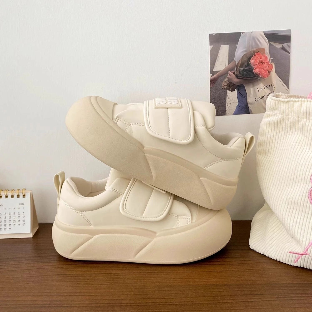 Creamy white chunky sole sneakers - women's adorable & chic autumn new arrivals - unique velcro closure, round toe, bread-shaped shoes, student canvas sneakers