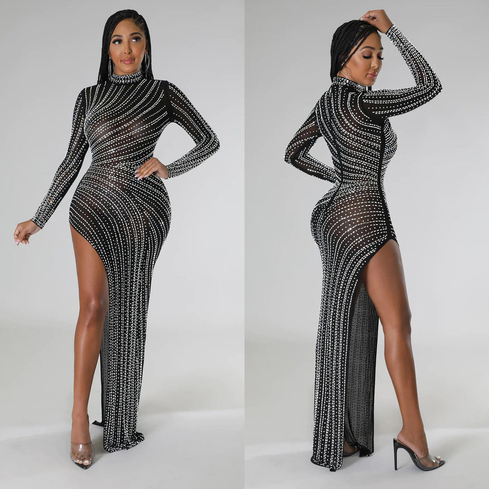 C6040 cross-border   fashion women's solid color mesh rhinestone long sleeve maxi dress