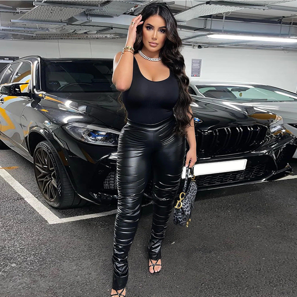 Fashionins style pu leather pants for women cross-border popular pile pants high waistpants leather pants female sexy tight fashion