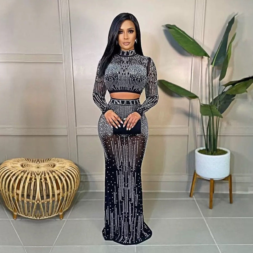 Cross-border  women's hot diamond dress set, semi-turtleneck sexy open-button top, hip-wrapped skirt set.