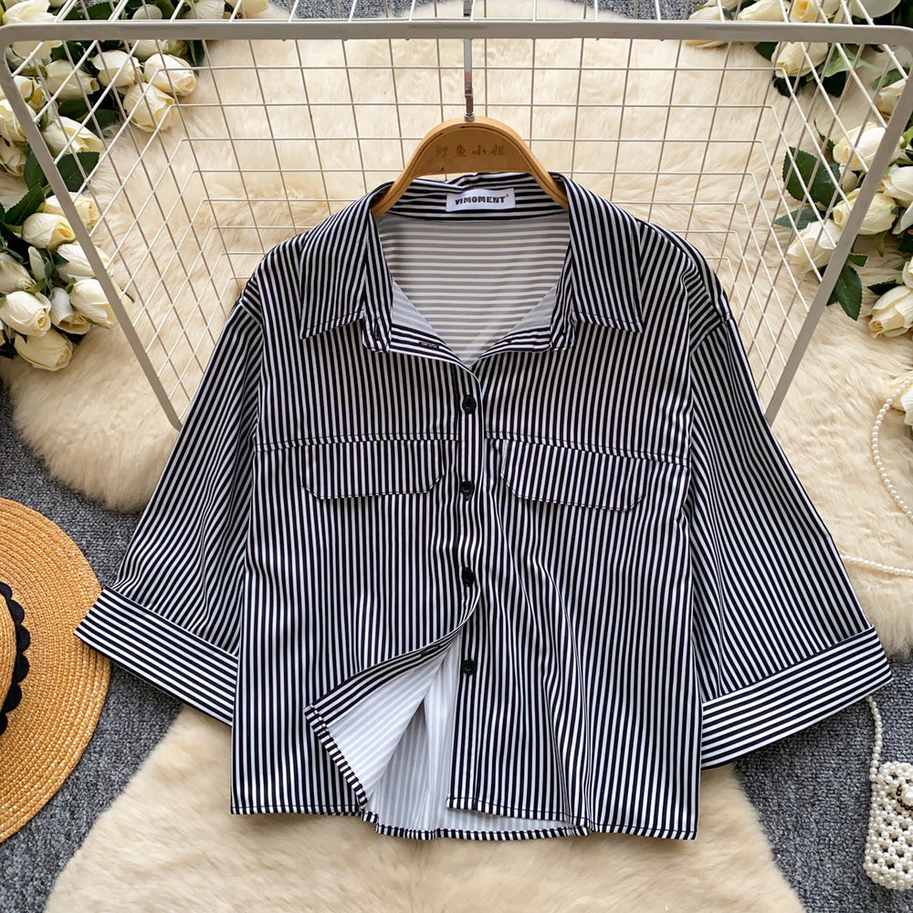 Korean style commute chic red and white striped breathable & skin-friendly shirt - women's summer short sleeve loose fit cardigan casual top