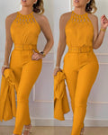 european and american cross-border women's fashion solid color criss-cross strap top and slim-fit casual pants two-piece set