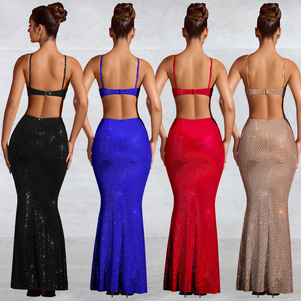 C7208 cross-border   fashion women's hot diamond suspender hip cover sexy slim dress