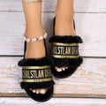 European station 2024 fall/winter new collection: printed letter fuzzy slippers - women's outdoor/indoor warm one-strap cotton slippers, trendy style