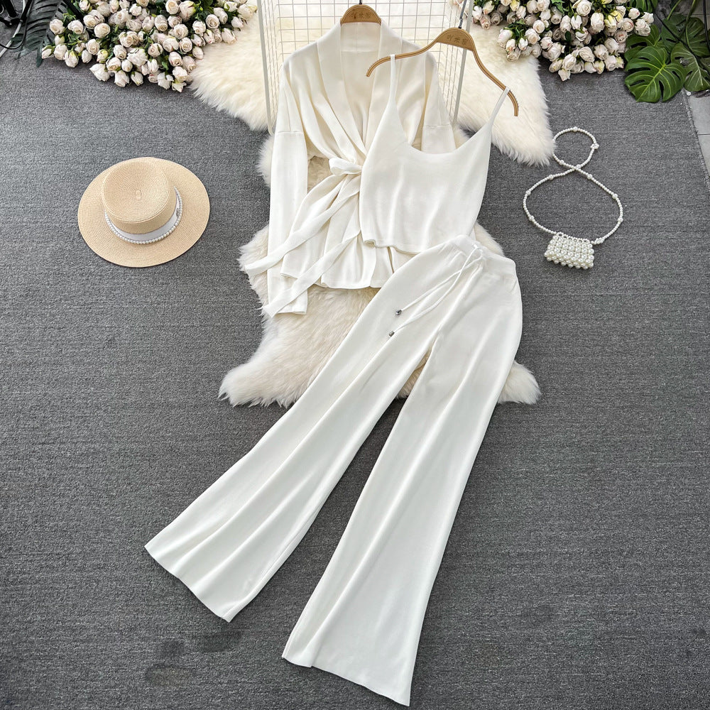 Fashionsuit female k-stylelong sleevesv neck waist knittingoutwear camisole three-piece set high waistloose pants