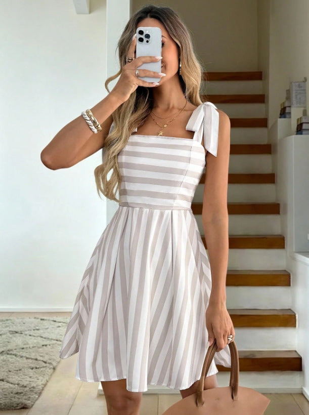 european and american cross-border new striped cinched-waist cami summer dress