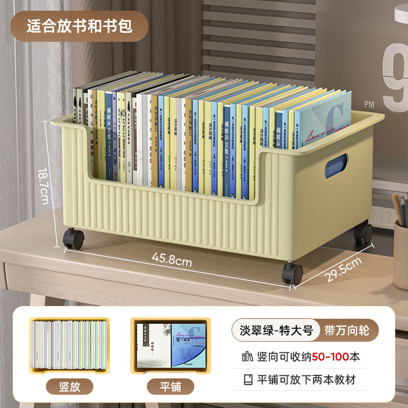 Under-desk book storage box with universal wheels - movable bookcase for students, classroom use, desktop book organizer, bookshelf